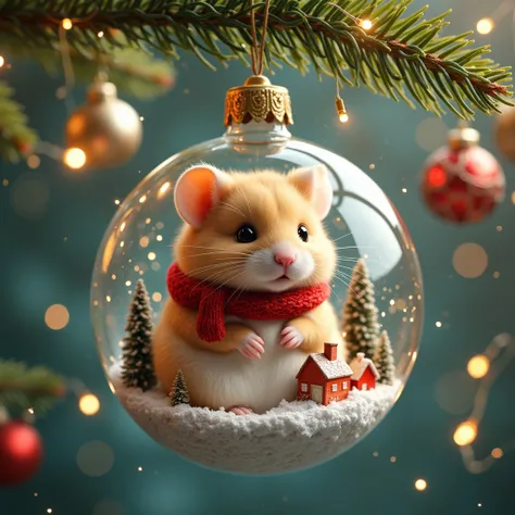 Picture a whimsical scene where an ultra-cute hamster finds itself transformed into a delightful Christmas ornament. Hanging delicately from a lush, green pine branch is a transparent glass bauble housing the hamster. The interior of the bauble is a miniat...