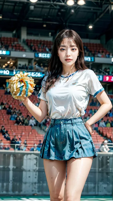 A beautiful young Japanese woman, 20 years old, with perfect anatomy, healthy thighs, beautiful feet, flawless skin, random hair color and style, large bust, (she is standing:1.2), wearing a cheerleader uniform with micro-pleated miniskirt, in a full body ...