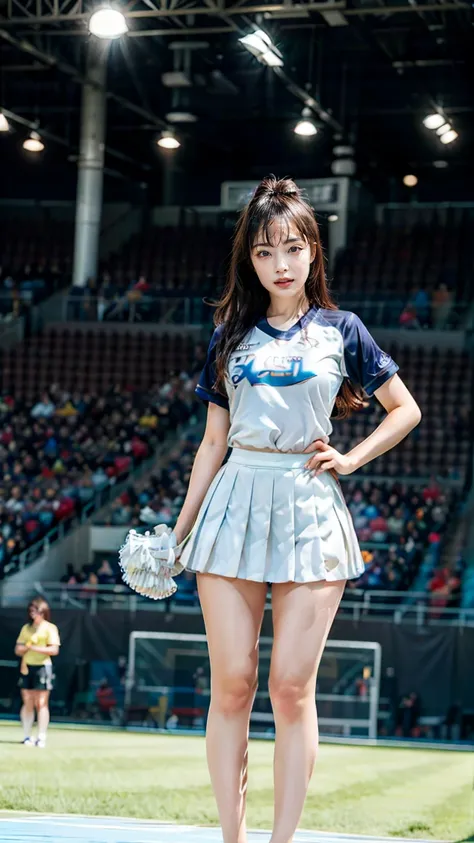 A beautiful young Japanese woman, 20 years old, with perfect anatomy, healthy thighs, beautiful feet, flawless skin, random hair color and style, large bust, (she is standing:1.2), wearing a cheerleader uniform with micro-pleated miniskirt, in a full body ...