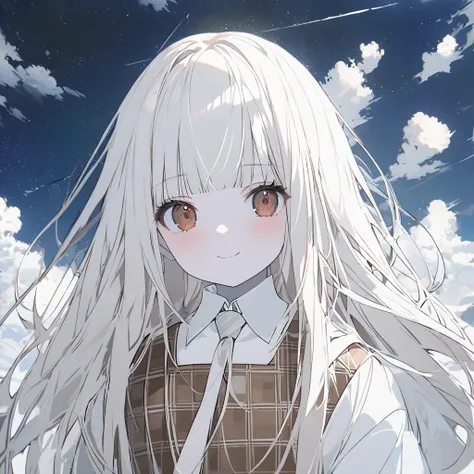 One girl, ((alone)),  (((long hair with white color, straight, full bangs))), Brown Eyes , White shirt((neck tie with brown color)), brown skirt ((check pattern ,  short skirt)), cute face, white face,  lovely expression , cloud, starry, umbrella, white sk...