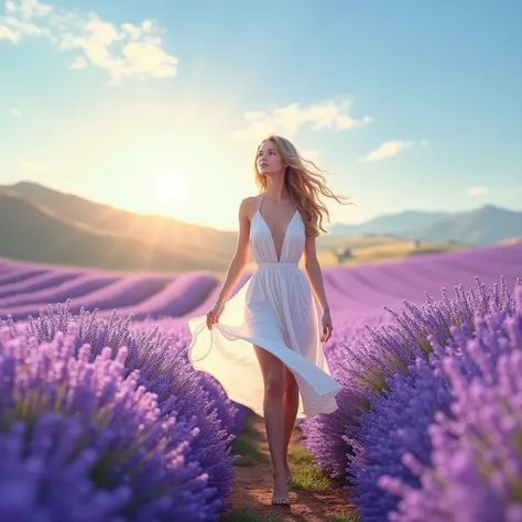 A beautiful girl wearing a white dress and walking in France lavender field.