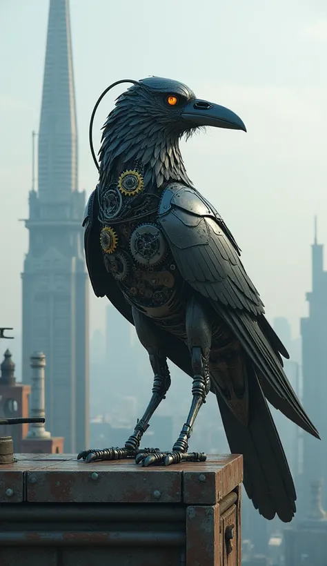 Crow in the form of a mechanical animal on a building 