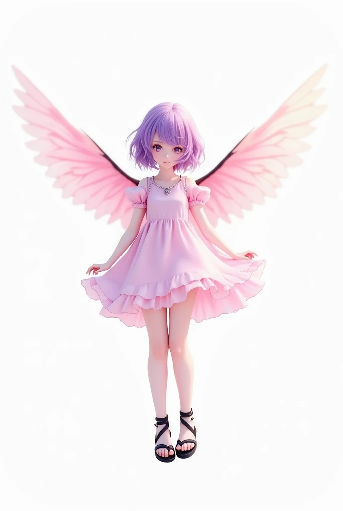 White background, the girl is wearing a light pink short dress and has pink wings. She Has short purple hair She is wearing black sandals with straps wrapped around her feet.