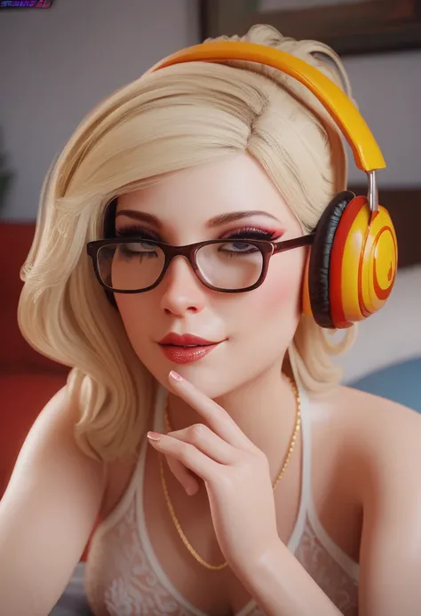 A teenage sexy beatiful girl,stacked bob blonde hair,red short lingerier lace,wearing glasses,and stockings,beatiful makeup,4k,golden headphones