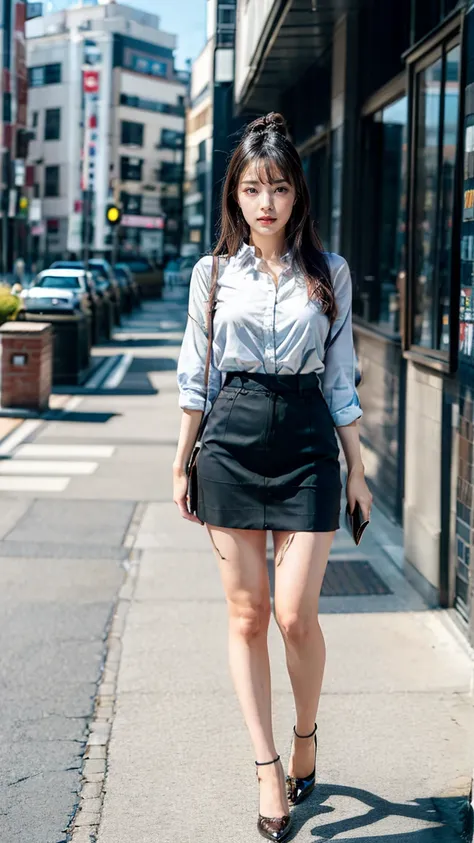 a beautiful detailed Japanese woman, 24 years old, with healthy thighs, beautiful legs, beautiful skin, random hair color and hairstyle, large breasts, female secretary, wearing a miniskirt, (she is standing:1.2), full body shot, high heels, holding a note...