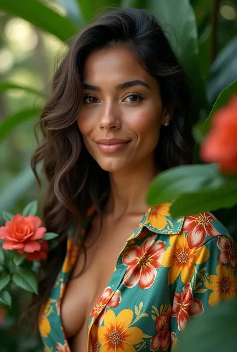  A Brazilian woman in a lush tropical garden,  wearing an open shirt with floral print ,  with a close up capturing the harmonious beauty between her breasts and natural flowers,  showing your natural charm and outgoing personality.