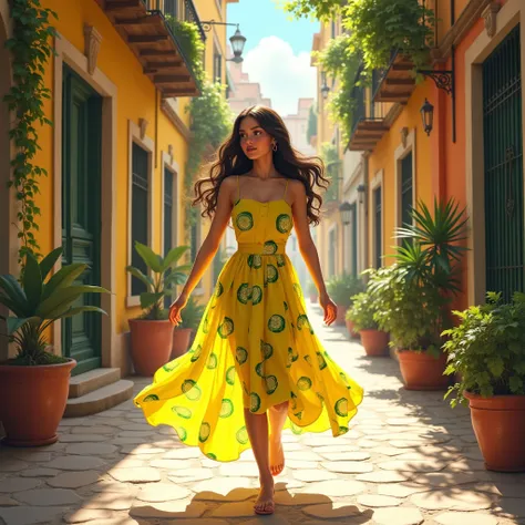 A beautiful girl wearing a lime print yellow dress and walking in Southern Italy street.