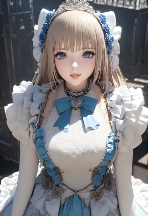 one girl、 watching the audience、
beautiful blue eyes、 brown long hair 、A mole under her eye 、 Full Shiny Lips 、 Heart Shaped Choker 、Idol、smile,3d、 realistic 、
Princess Dress with Too Many Ruffles、Draped Outfit 、gem、Decoration, floral、Lace trim、 simple ...