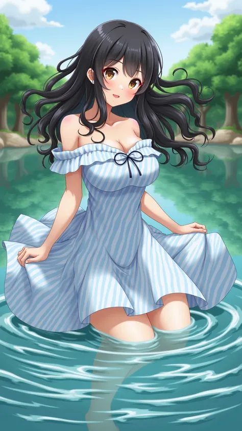  High Resolution ,  high detail,  High Quality , Sea of Trees，:river，A Japanese girl ，, Curl ,  wearing a wave dress with her hair ,  Textured Skin , Big breasts， in swinging hair，Have fun playing with water ，