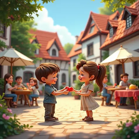  A square in a small sunny European village ,  with white houses with red roofs around . in the center, a young boy with a happy expression hands a small heart-shaped pendant to an emotional woman who wears a simple dress.  People in the background observe...