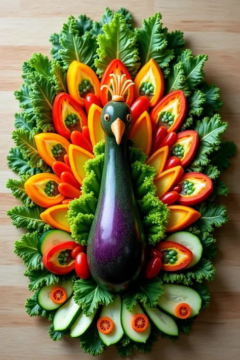 "A creative and artistic depiction of a peacock crafted entirely from vibrant vegetables and fresh leaves. The body of the peacock is shaped using a combination of a dark green zucchini for the torso and a round purple eggplant for the head. Its majestic t...