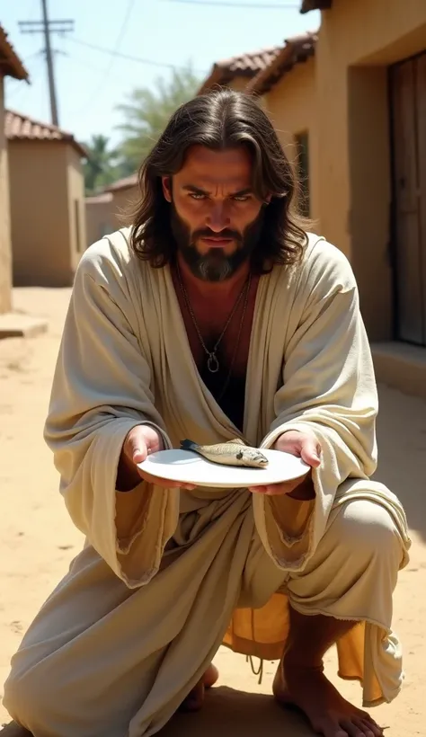 A dusty and narrow village street with simple, weathered houses in the background, some with tiled roofs and faint signs of wear. At the center of the scene is a man resembling Jesus, with long, wavy hair and a well-groomed beard, wearing a light, off-whit...