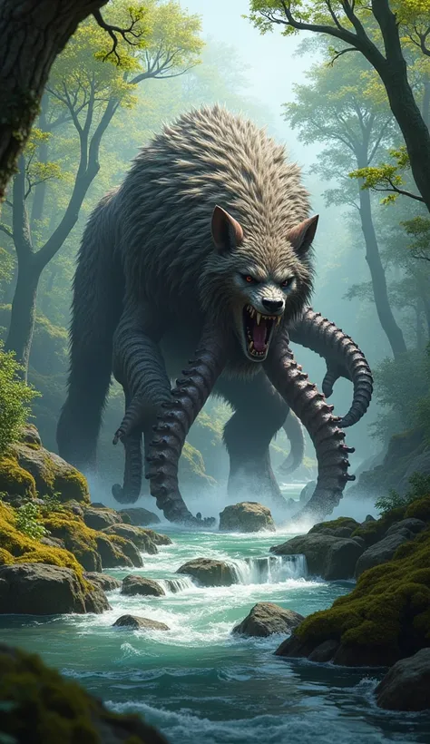 A monstrous hybrid of a monstrous giant octopus and a wolf in a forest river, realistic scene