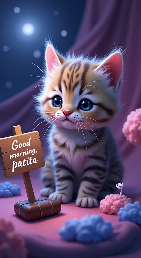  Baby cat with pink background and sign that says "GOOD MORNING PATITA "