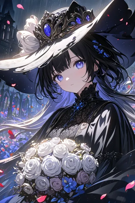 1girl,,face not visible,black Gothic dress,black hat,white bouquet,(holding white bouquet),standing,front,(black petals flying in profusion),Rain of petals,many petals,innumerable petals,petals floating in the air,Art Deco,Color Field painting,rococo style...