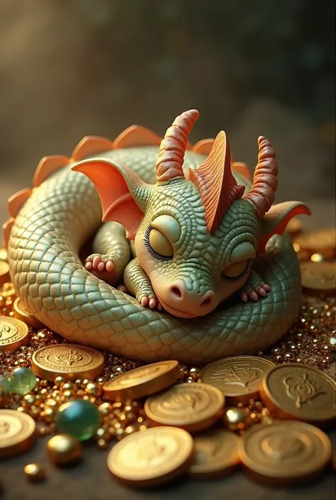 a small dragon sleeping on a pile of gold.