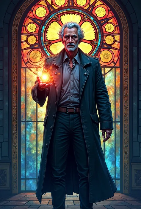 Stained glass vector, detailed. A man with mechanical gears behind him, magic infused in his tools, light coming from his left hand