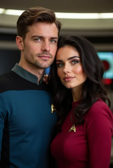 Based on star trek the next generation era. Generate a happy couple:
Human. Man
Age: 30
Hair: light brown. Army haircut
Eyes: hazel
Hight: 6’7
Clothing: blue uniform 

Romulan. Woman
Age: romulan equivalent to 30
Hair: long dark wavy 
Eyes: green
Ears: des...