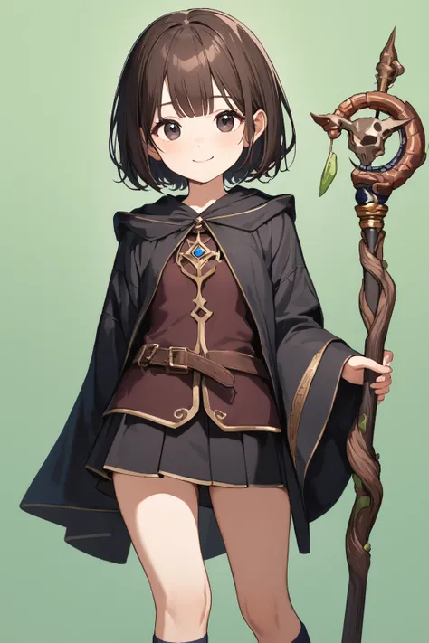 (green background:1.3), No wind, character sprite, Break, 
1 girl, (cute face), Intelligent Look, light smile, , petite, 150 cm tall,, Standing, feet out of frame, (black short hair, blunt ends), black eyes, (small breasts:0.6), slim, (dark brown Mage Outf...