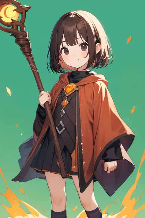 (green background:1.3), No wind, character sprite, Break, 
1 girl, (cute face), Intelligent Look, light smile, , petite, 150 cm tall,, Standing, feet out of frame, (black short hair, blunt ends), black eyes, (small breasts:0.6), slim, (dark brown Mage Outf...