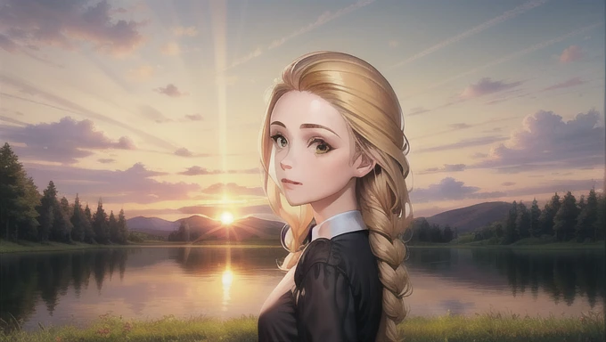  catsmere ,  1girl, One, hair, single hair,  long hair,   green eyes ,   blonde hair ,  hair behind your shoulders ,  looks towards  ,  outdoors , Sunset, Sunset sun, Shine,  reflected reality