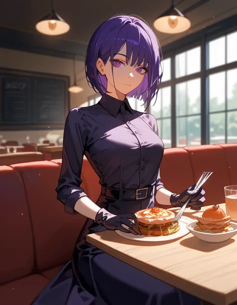 Short-haired girl,Bob hair,Dark purple hair ,In dark purple eyes , villains, small breasts, black silk shirt with long sleeves, with long thin gloves,cute,Long skirt,beautiful, chainsaw art,milf,Dark circles under the eyes, thin, dry ,Sitting in the cafete...