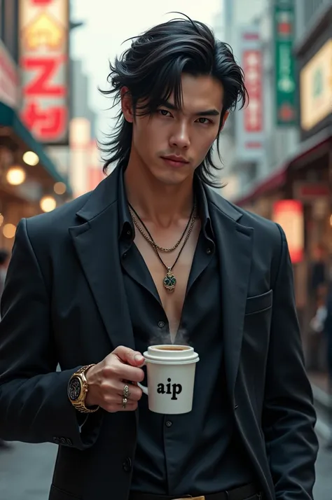 a handsome 27 year old Mafia man with long asymmetrical hairstyle from Japan standing in the middle of a Japanese street with a necklace that says ((Aip))) and a luxury watch ring, on top of it while holding a cup of hot coffee