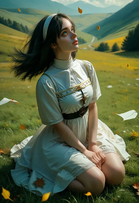  Billie Eilish is sitting she is on a top of a hill looking at the horizon, look serene,  is sitting on a grass floor ,  leaves flying with the wind ,  Blue Eyes ,  short black hair,  Nuns clothing,  hair flying in the wind ,  high quality  , Detail of the...