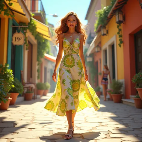 A beautiful girl wearing a yellow lime print on white dress and walking in Southern Italy shops side of street.