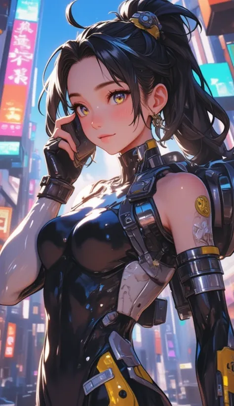 a close up of a woman in a wet suit holding a cell phone, arte conceitual inspirada em Leng Mei, Em alta no CG Society, shin hanga, echo de overwatch, de overwatch, Makoto Shinkai ( Apex Legends ), retrato de chun - li, personagem de overwatch, mei de over...