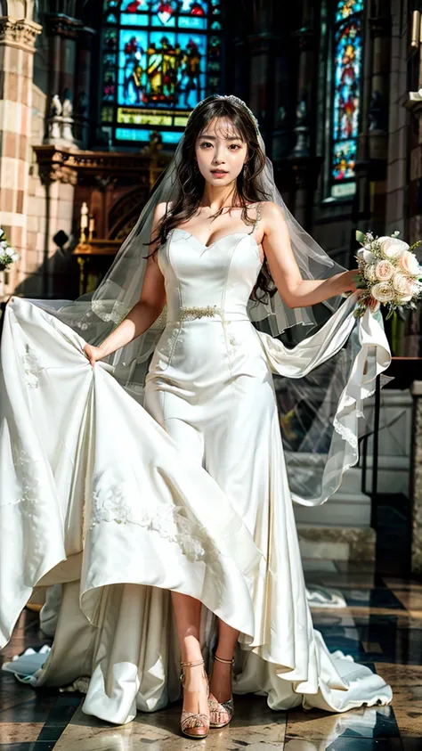 A beautiful young Japanese woman, 26 years old, with healthy thighs, beautiful legs, flawless skin, random hair color and style, large breasts, wearing a (wedding dress:1.3), (she is standing:1.2), full body shot, high heels, holding a bouquet in her hands...