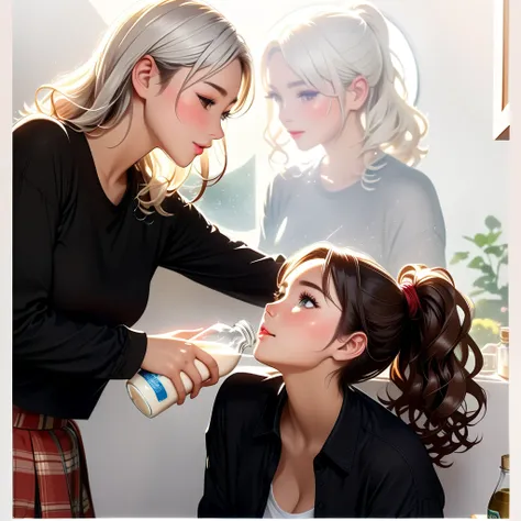 A scene in a cozy modern American kitchen, focusing on two young women. Girl 1 is shown from the waist up, holding a milk bottle and gently pouring it into the mouth of Girl 2, who is sitting next to her. Girl 1 has short white hair, styled simply, and wea...