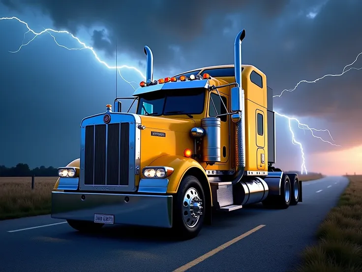  I need you to generate an image of a Kenworth where lightning appears, The image that has the colors yellow , negro, white and blue, in a landscape,  it must say on the large top the name DELUXE CENTER, It must have a measurement of 8 .5 X 5 cm 