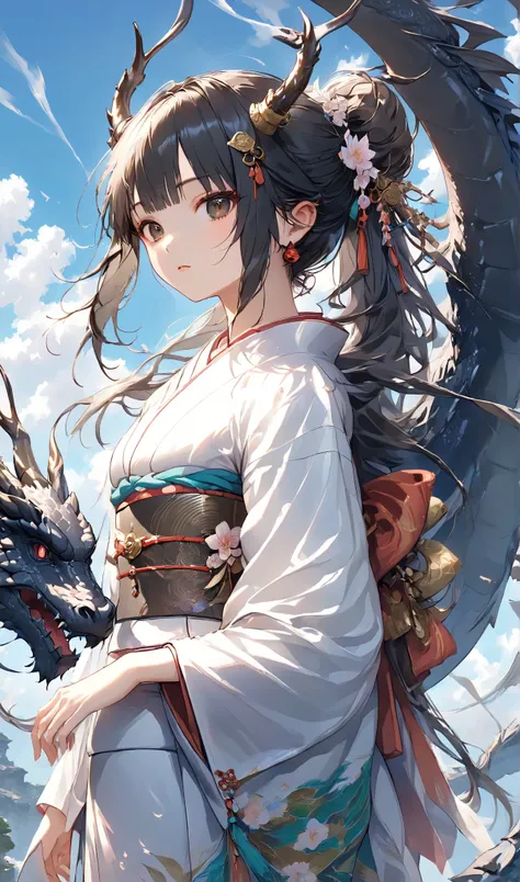 masterpiece, high quality, high resolution, 16K, highly detailed background, digital painting, unreal engine, Makoto Shinkai illustration, hyperrealistic, fantasy, petite girl in kimono, dragon horns, some skin with dragon scales, long eyelashes, beautiful...