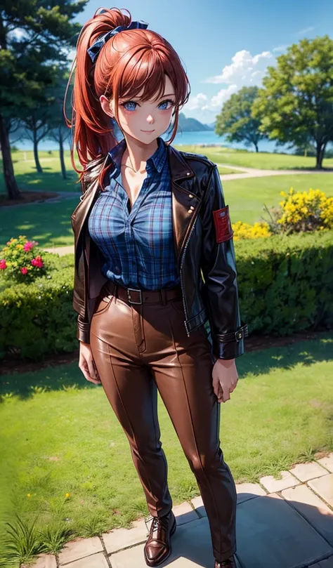 1girl, ((full body)), solo, summer, trees, water, house, fantasy landscape, red hair, ponytail, large full breasts, button down, dark blue eyes, ((dark blue checked silk shirt)), ((brown leather jacket)), ((unbuttoned shirt)), (unbuttoning shirt), pants, s...