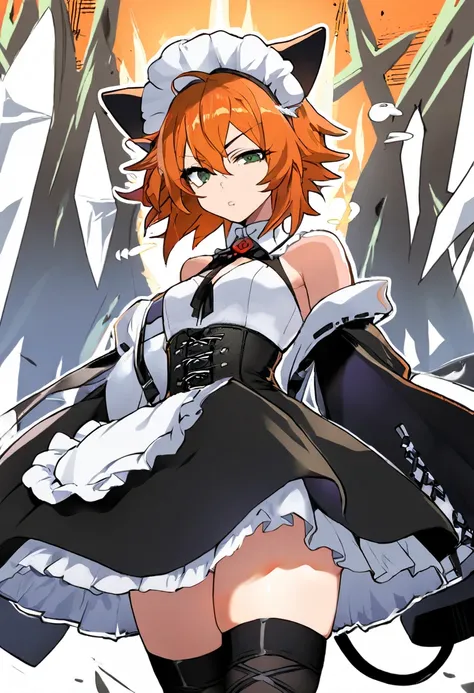  The image presents a character stylized in an anime or manga art style .  This character appears to be a young woman , with big thighs but small breasts ,  with orange hair with a determined or defiant expression. She has short and messy hair and her hair...