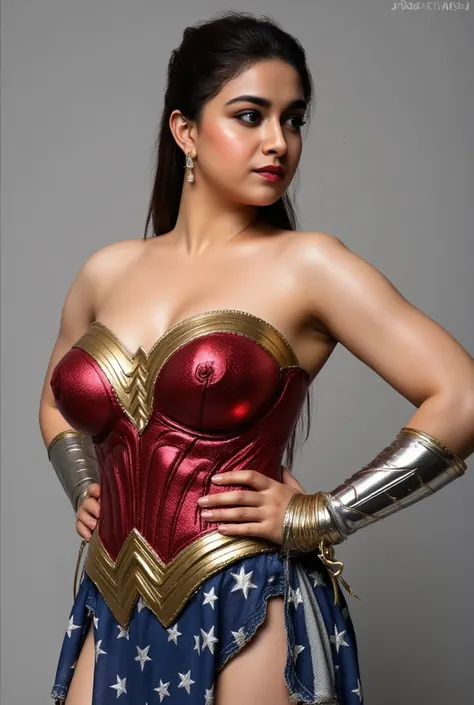 A wonder woman costume,full body,front view,standing position,keerthy suresh,cleavage,angry face,ponytail,red lipstick