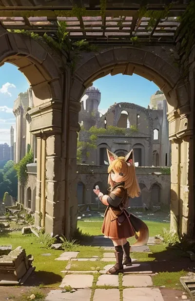 （masterpiece， top quality ， best quality ， Official Art， Beauty and Aesthetics ：1.2），((Castle Ruins :Ruins of an ancient city:1.5)),(Chibi character、cute,Baby kitsune, 1 girl， fox ears，Fox&#39;s Tail：1.3)， Very detailed，（ fractal art：1.1），antiquity，  very ...