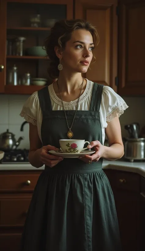  The governess in the kitchen ,  pendant holding a cup of tea.  She has a calm expression ,  but her distant gaze suggests something unrevealed,  with the kitchen illuminated only by a dim light .