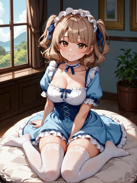 1girl, shortstack voluptuous, solo, light brown hair medium hair wavy hair, two side up with ribbon, dark brown eyes, light smile, indoors, sitting on circular cushion, collarbone, frilled choker, light blue blouse puff sleeve blouse short sleeves blouse, light blue skirt corset skirt, head dress, white stockings with lace trim, from front, looking at viewer,scenery, masterpiece, best quality, very aesthetic, highly detailed, high resolution, score_9, score_8_up, score_7_up,source_anime,
