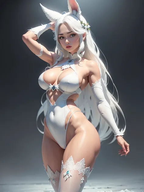  25-year-old girl with rabbit ears posing in the snow,  tanned skin ,  perfect white-haired girl ,  character art rendered in 3D 8K , trending on cgstation, em um body branco, with very long white hair , the goddess of winter, pose sexy, Curved Body , ( in...