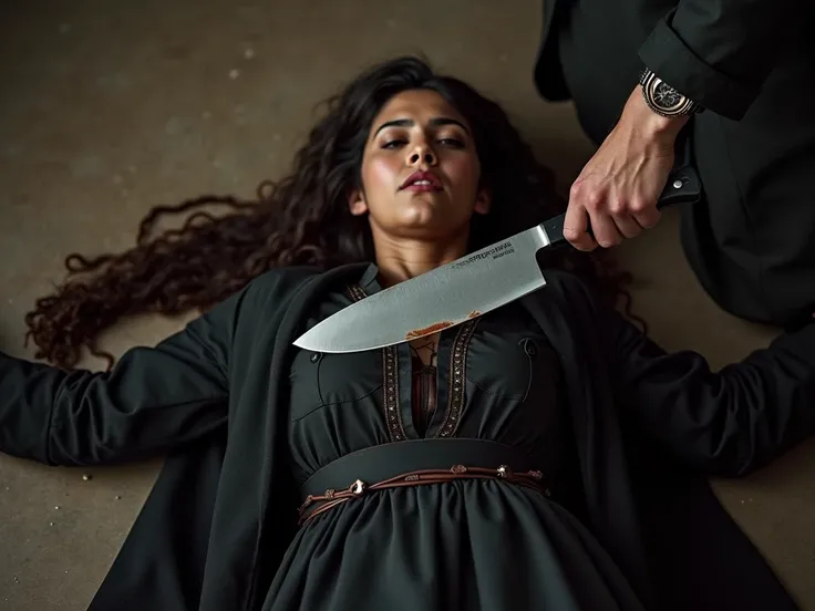 A pakistani woman tied down on the floor with hair grabbed and throat stretched out for sacrifice ,Butcher holding Large knife on one of the womans stretched out Throat, Zabah, Black traditional shirt buttons open of all 3 women and hands tied behind their...