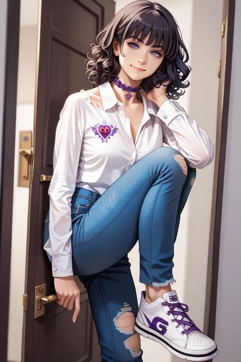  realistic anatomy ,  high definition , 1 guy. shoulder length hair,  curly hair,  black hair,  purple eyes, smirk,  white shirt vintage ,  purple stone choker , ripped blue jeans ,  white sneakers with toe .  All clothes have gold patterns . skin is pale....