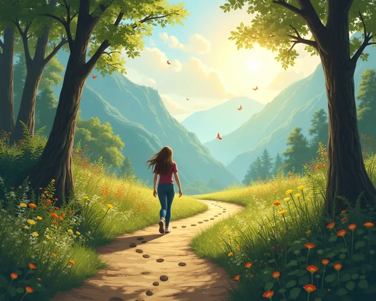 "Stop Comparing Yourself to Others: Embrace Your Unique Journey":

"Design an inspirational image featuring a peaceful path through a serene natural landscape, such as a forest or mountain. The scene should convey the idea of individuality, with a single p...