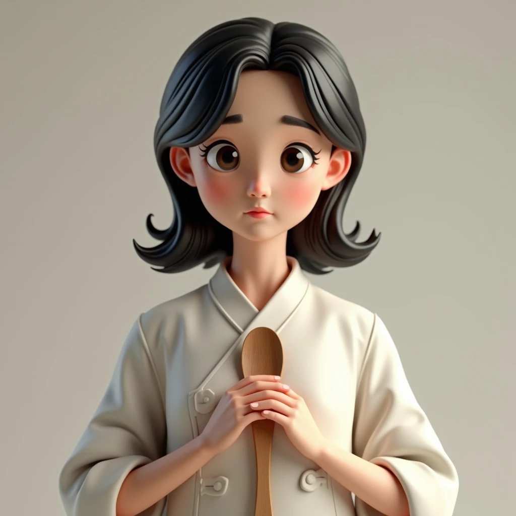 Create a 3D image of a woman standing with medium black hair  , small eyes , small mouth dressed in a cooks dolman and a wooden spoon ,no pissing style 