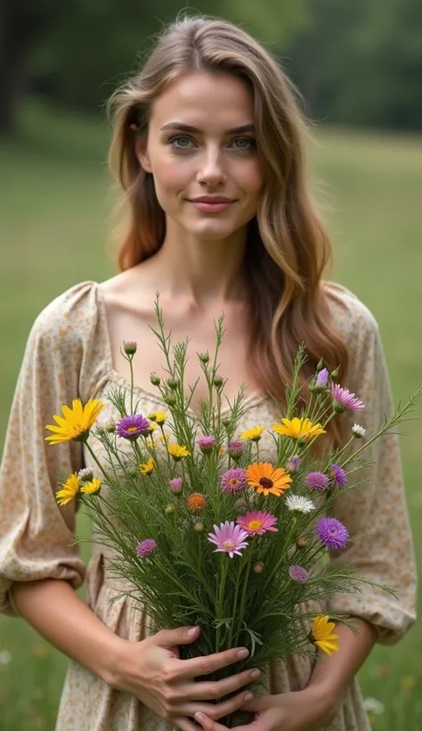 A 35-year-old woman holding a bouquet of wildflowers, dressed in a long-sleeved dress.