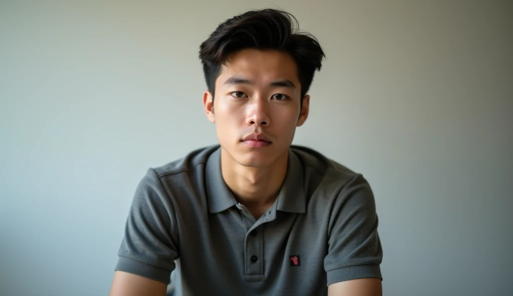 Young man seated , straight back looking straight ahead, con polo