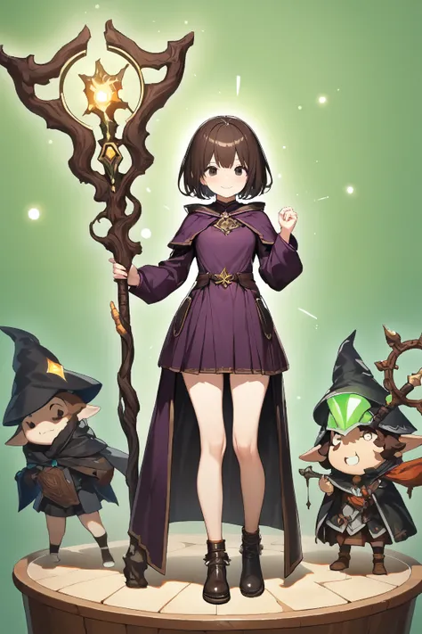 (green background:1.3), No wind, character sprite, Break, 
1 girl, (cute face), Intelligent Look, light smile, , petite, 150 cm tall,, Standing, feet out of frame, (black short hair, blunt ends), black eyes, (small breasts:0.6), slim, (dark brown Mage Outf...