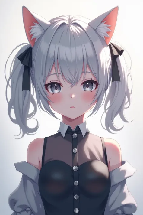 masterpiece,  is the best quality,  high resolution : 1.2),  1 girl,  unique , Twin ponytails, Gray eyes,  upper body, skirt, Silver Hair, Cat ears