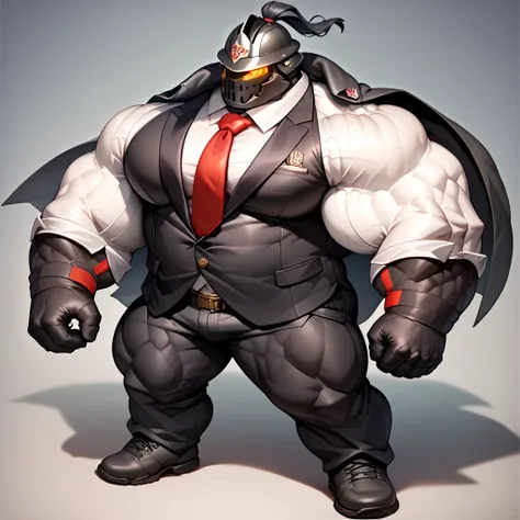 a man with a big giant musclegut tall wide body with big fat belly using black furr cape, black 
vest suit, white shirt, tie, black pants, black gloves and black robot helmet which cover all of his face. Full body, standing, solo, very big, very tall, very...